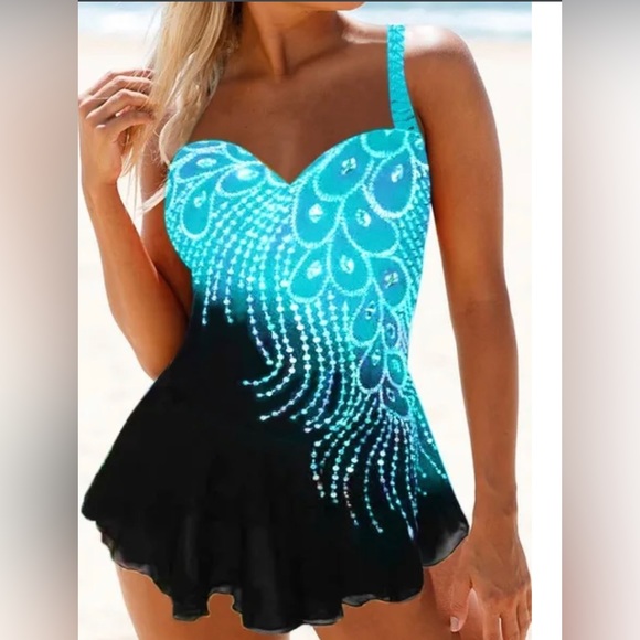 HP❤️New Women Feather Print Tankini Swimwear Swim Bathing Suit Sz S - Picture 1 of 7